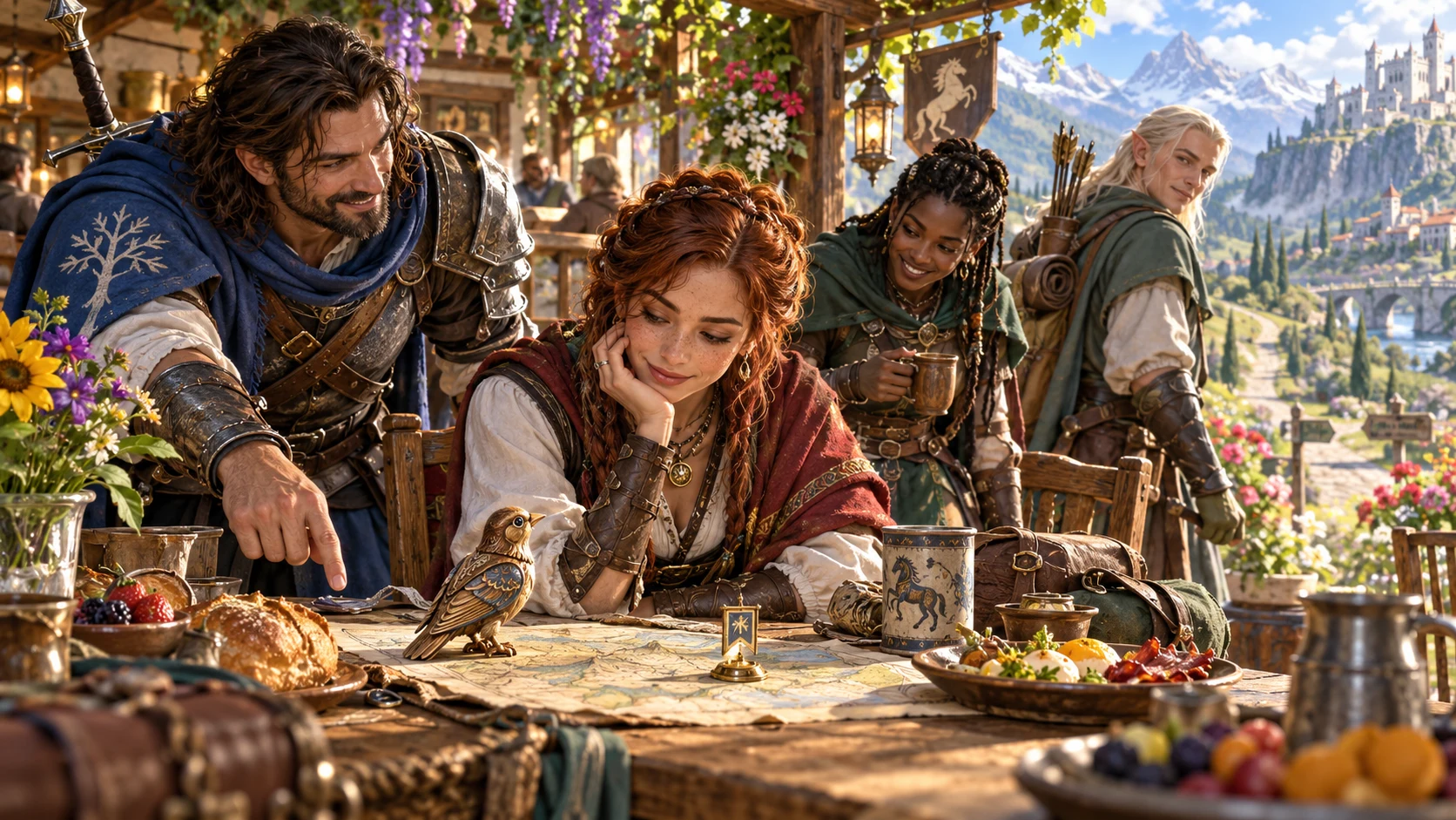 Fantasy companions notice a small familiar cue beside a map at a flower-covered garden tavern overlooking an open road.
