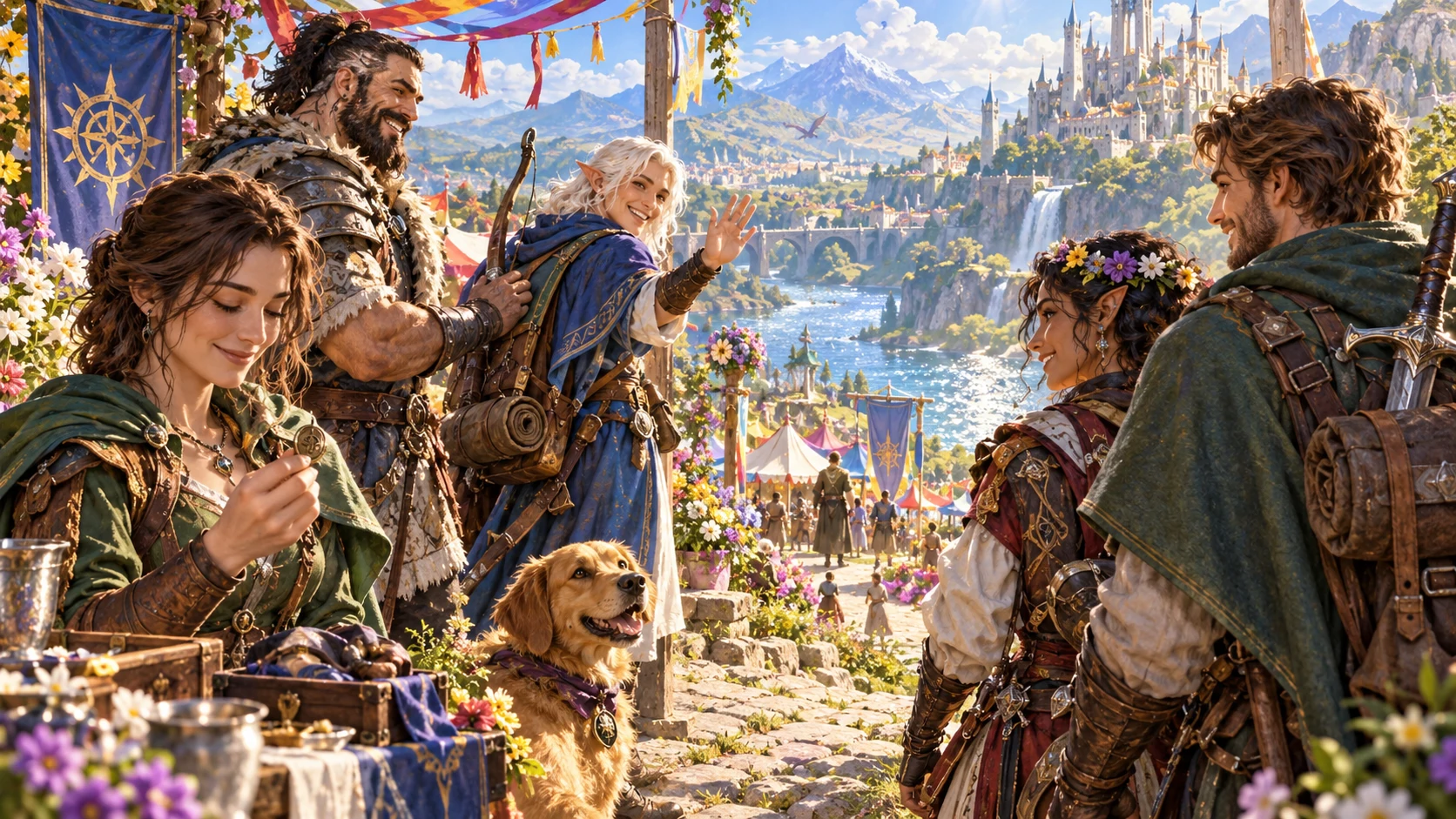 A fantasy traveller considers a small keepsake while companions share the spotlight above a colourful hilltop festival.