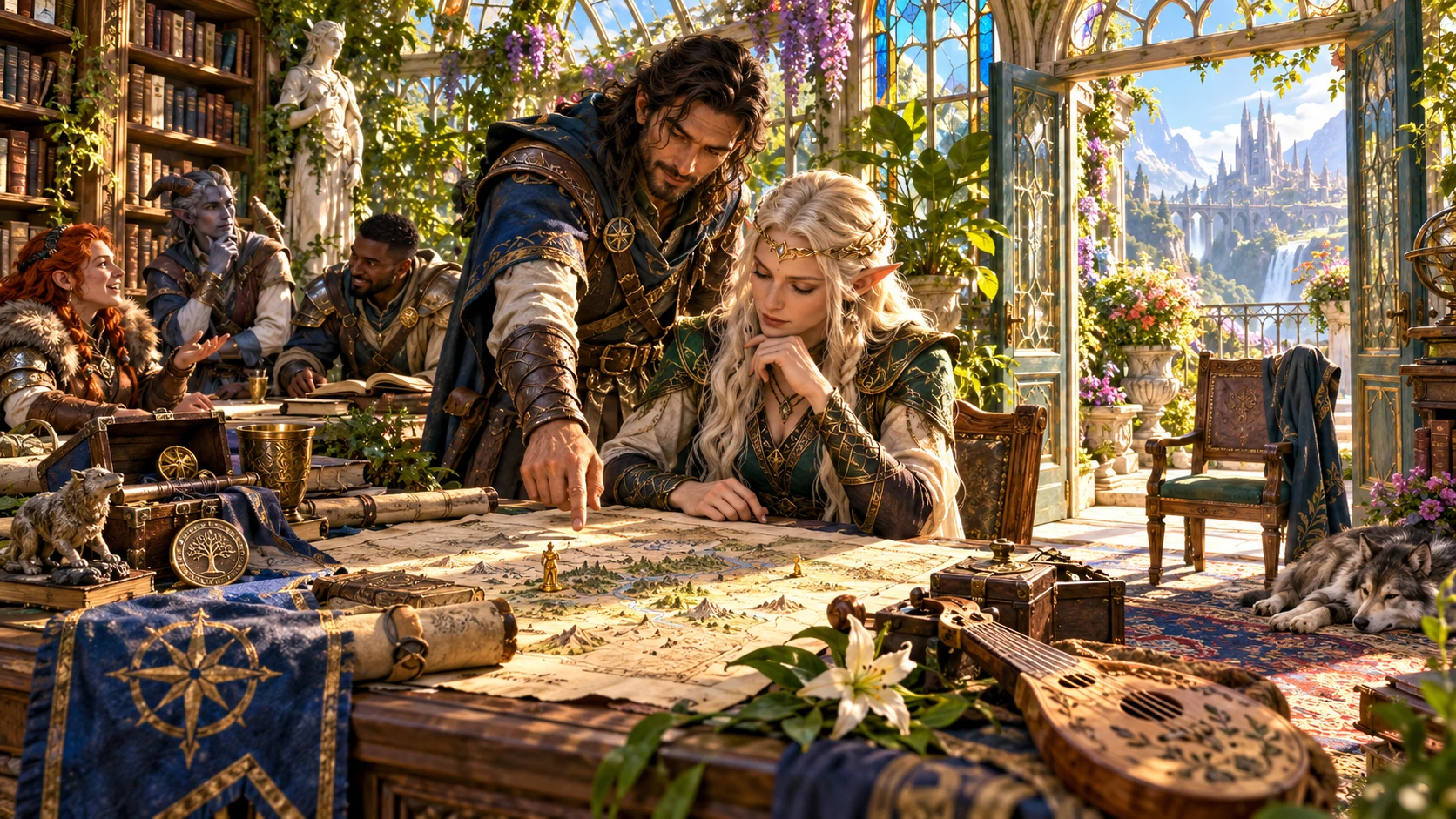 Fantasy companions consider established character details around a map in a bright library conservatory with an open doorway.